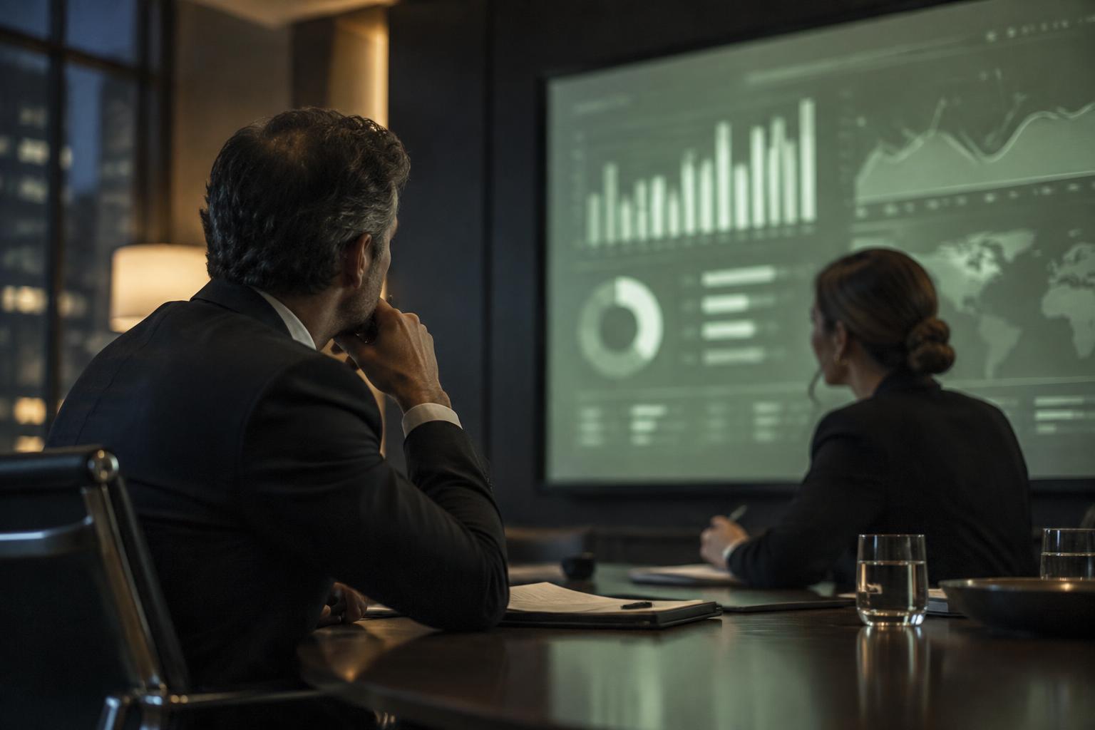 Two attorneys reviewing a dashboard on a wall screen in a dim boardroom